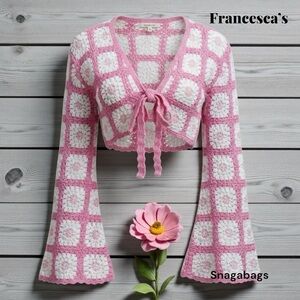 Francesca's Collections Pink and Cream Crochet Cropped Tie Bell Sleeves Sweater